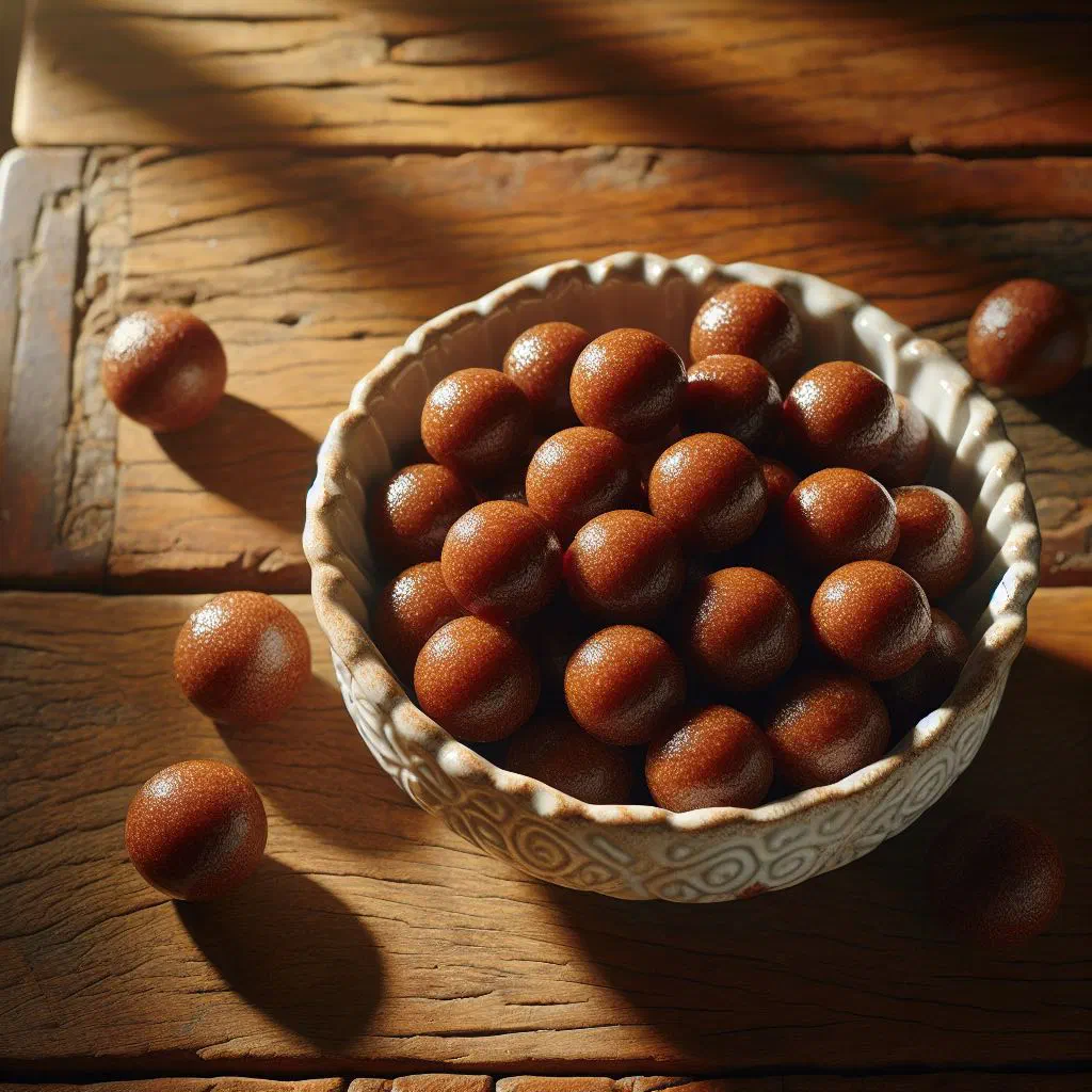 Sugar-coated tamarind balls arranged on a plate