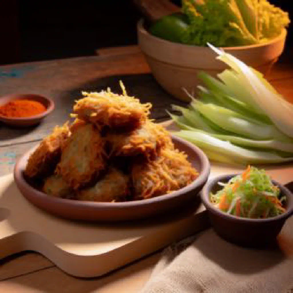 Golden fried Haitian akra fritters piled on a plate