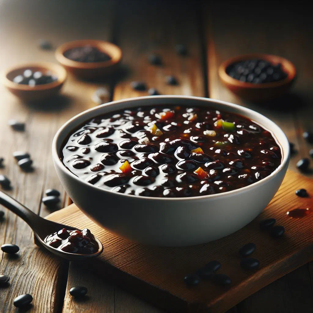 A bowl of rich Haitian black bean sauce served over white rice