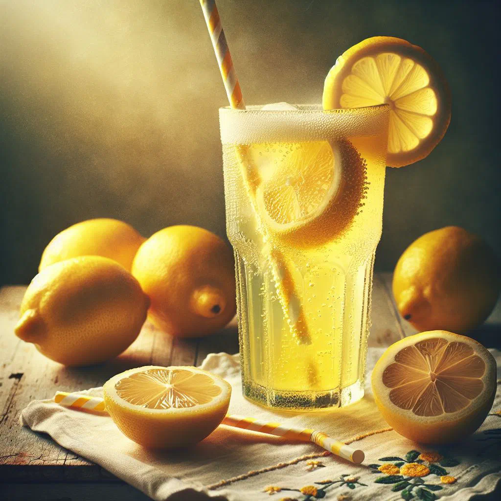 A glass of Haitian boisson citronnée with lemon slices and ice