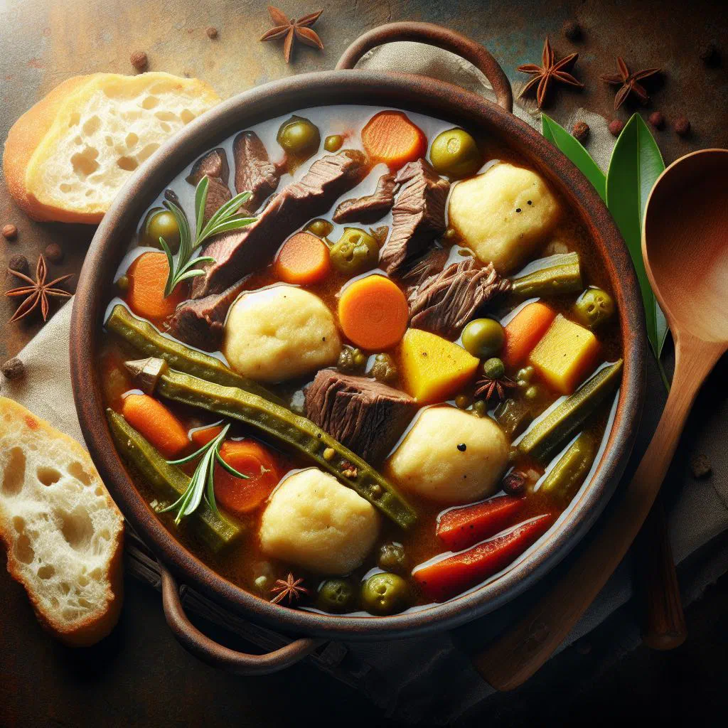 Bowl of Haitian Bouyon Bef beef stew with vegetables and herbs