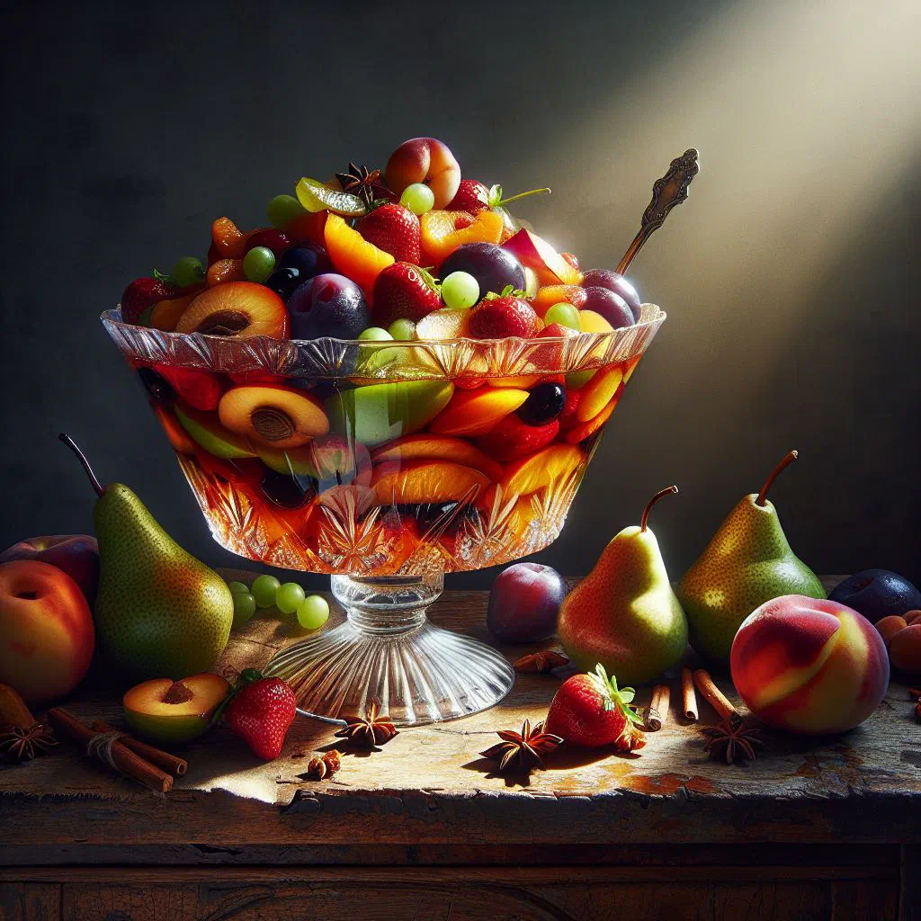Bowls of Haitian compote de fruits with tropical fruit and mint