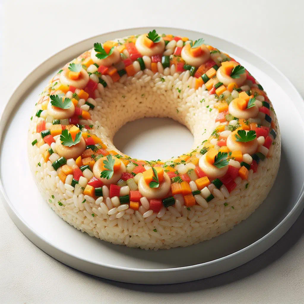 Ring-moulded couronne de riz with rice, meat and colourful vegetables