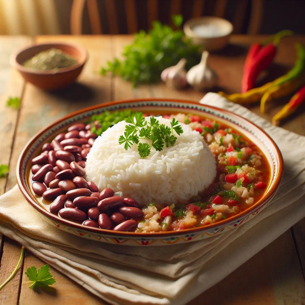 Fluffy white rice served with a rich Haitian bean sauce and fresh herbs