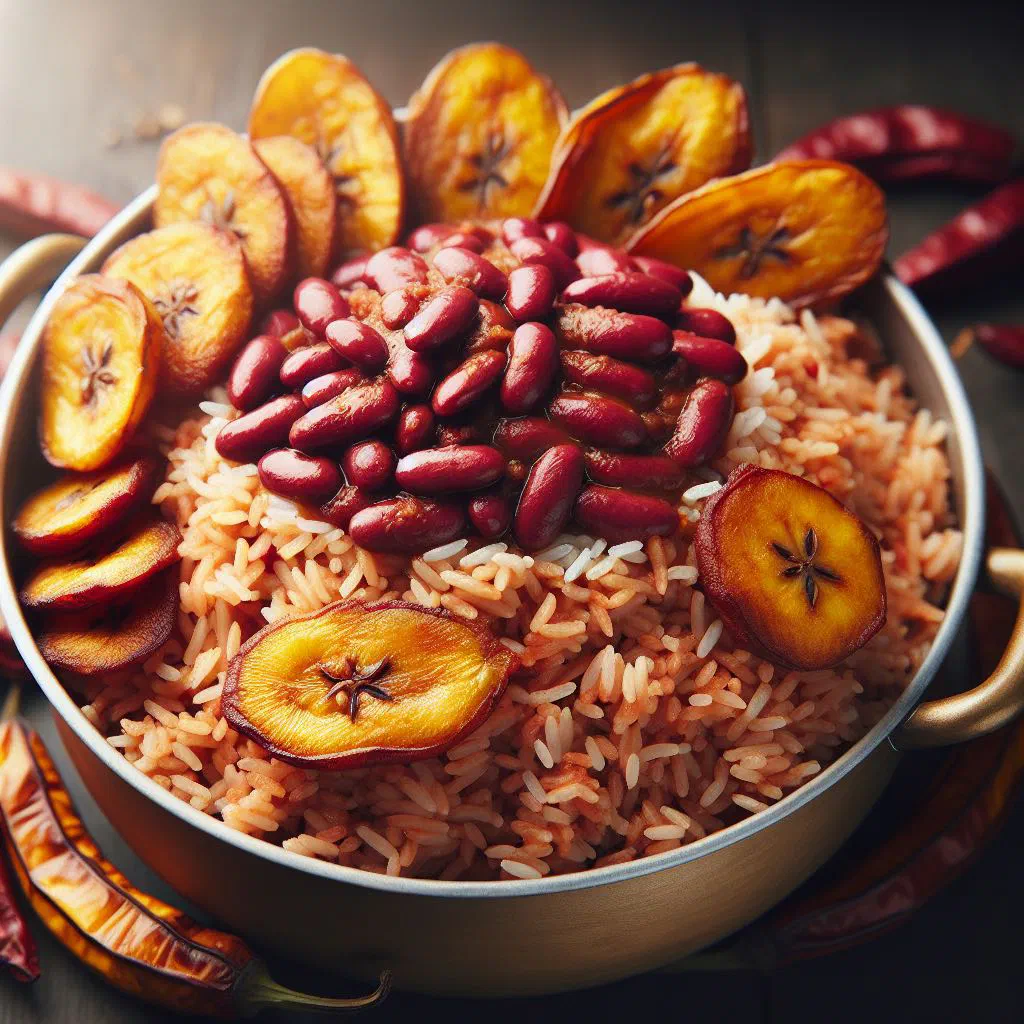 Bowl of Haitian rice and black beans garnished with fresh herbs