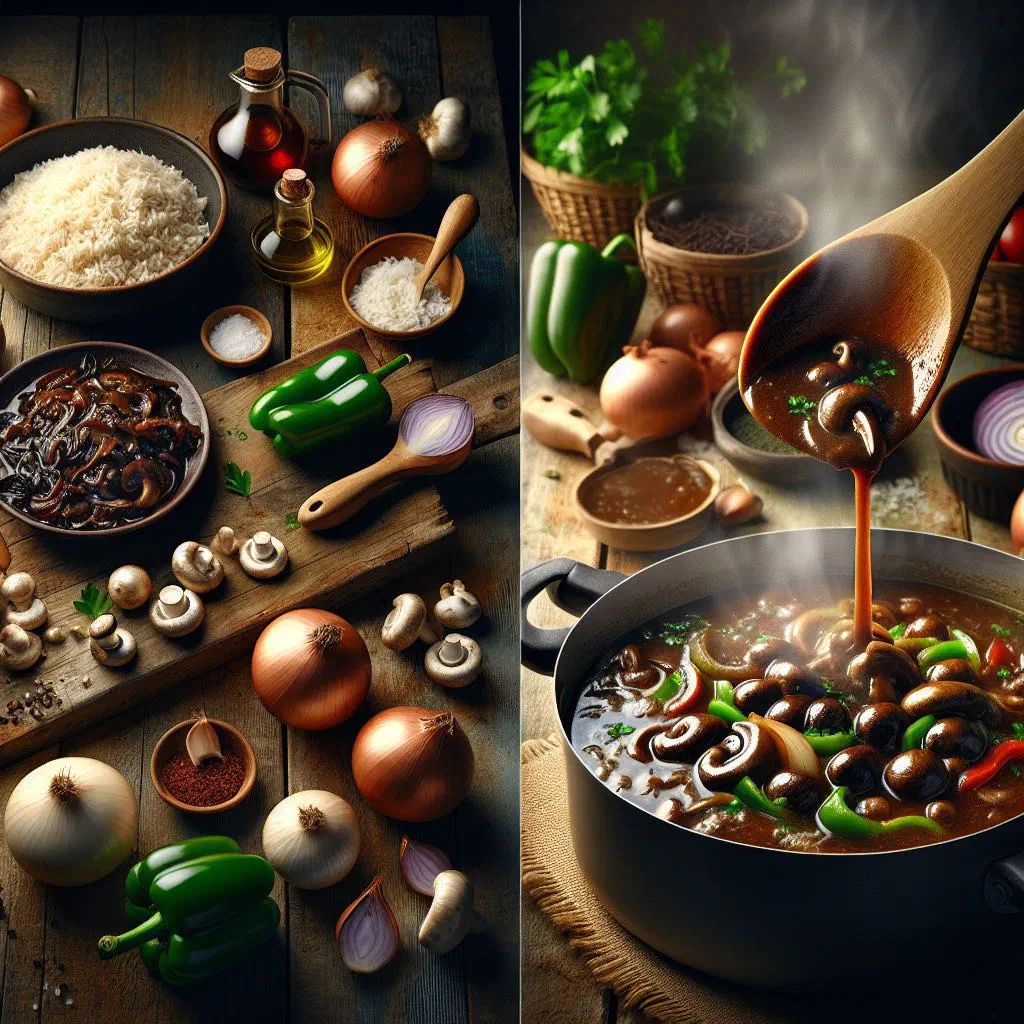 Dark Haitian djon djon rice garnished with fresh herbs in a bowl