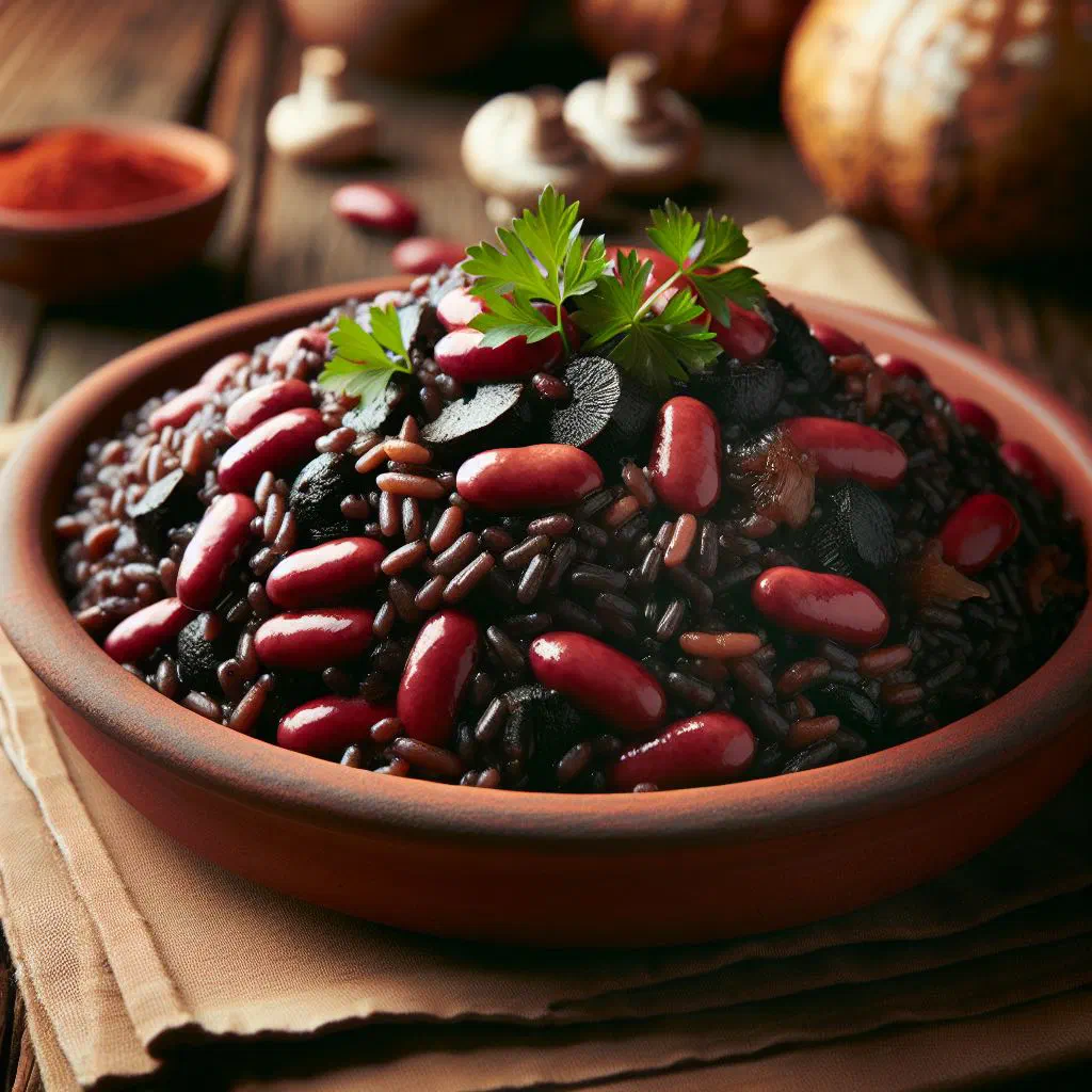 Dark Haitian djon djon rice studded with red beans in a bowl
