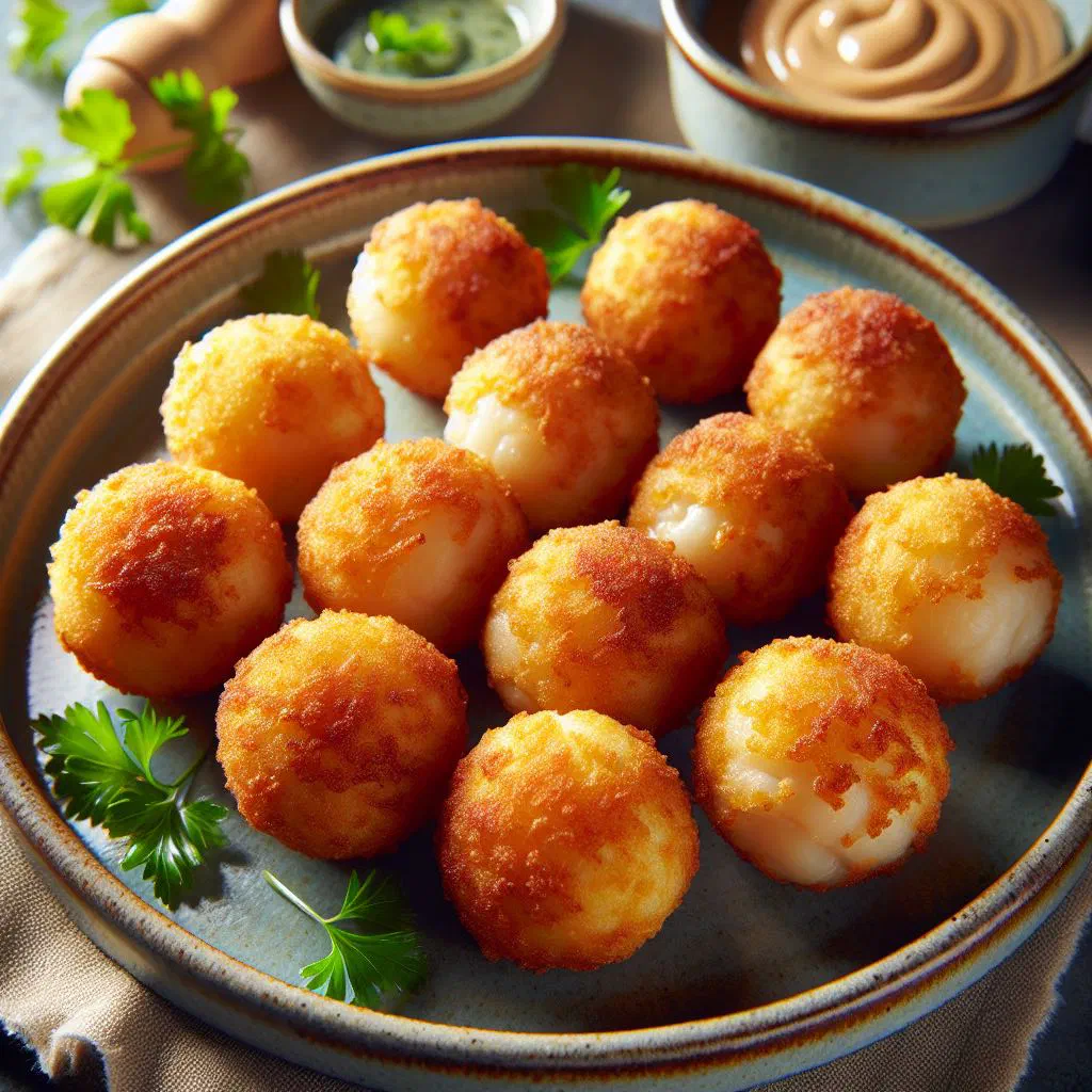 Golden fried Haitian fish balls served with lemon wedges and fresh herbs