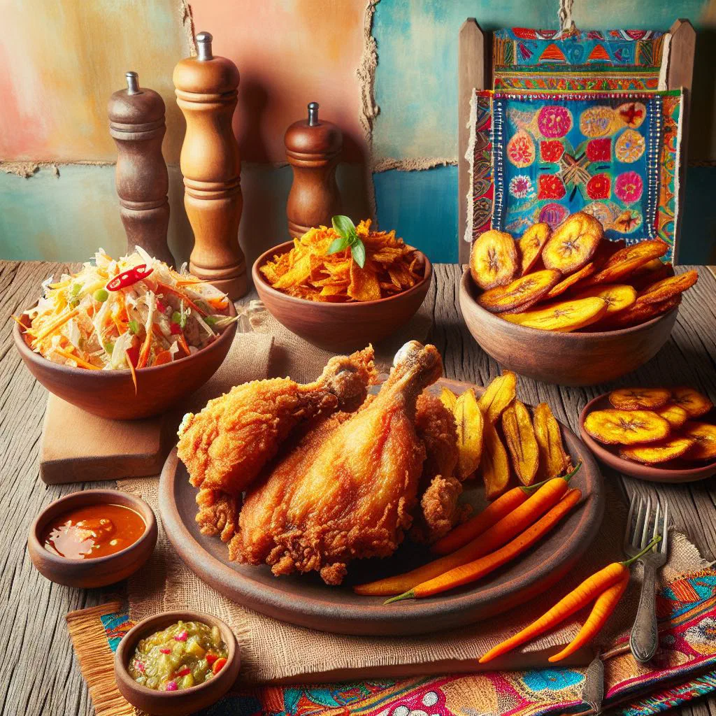 Crispy Haitian fried chicken served with golden fried plantains
