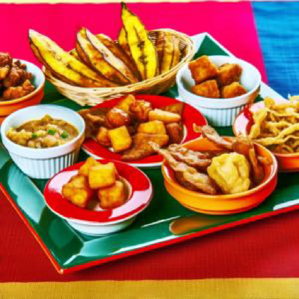Platter of Haitian fritay with fried meat, potatoes and spicy sauce