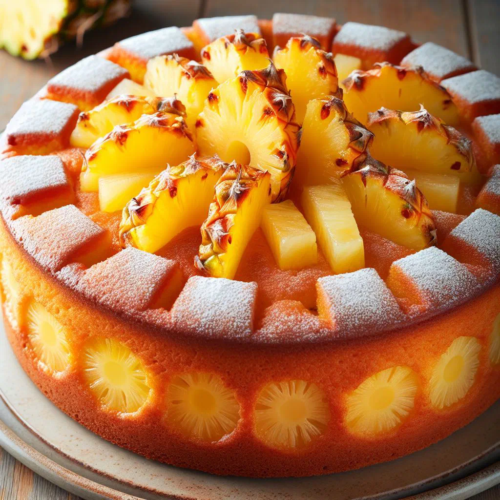 Golden Haitian pineapple cake dusted with icing sugar