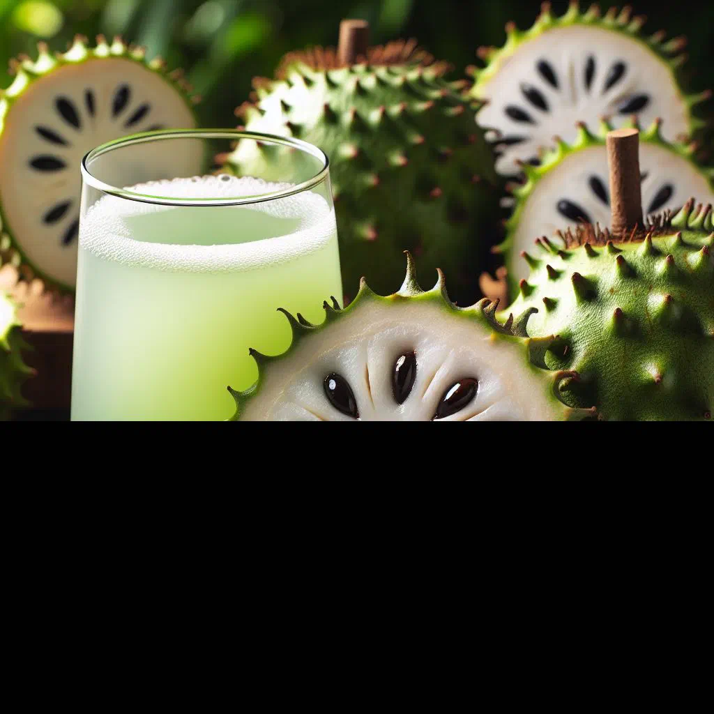 A tall glass of creamy soursop juice garnished with fresh fruit