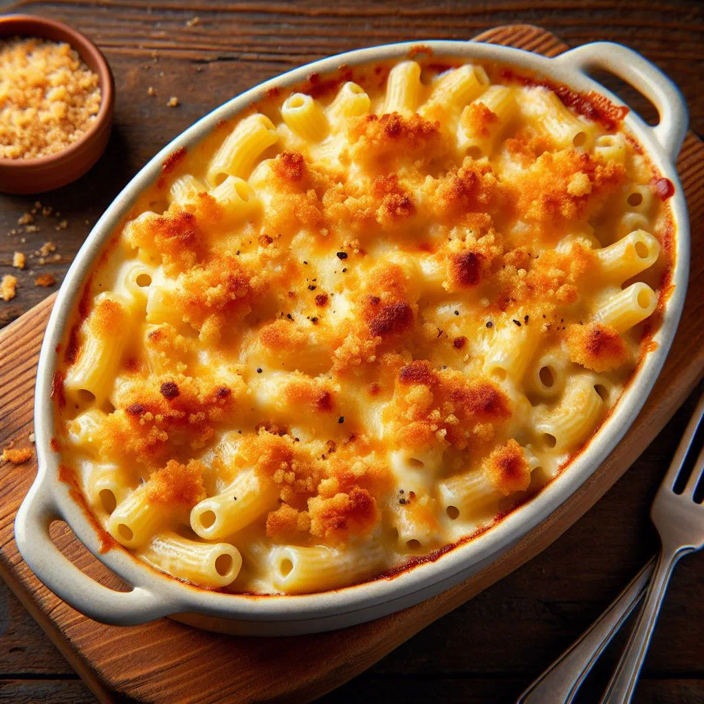 Baked macaroni au gratin with a golden cheese crust in a dish