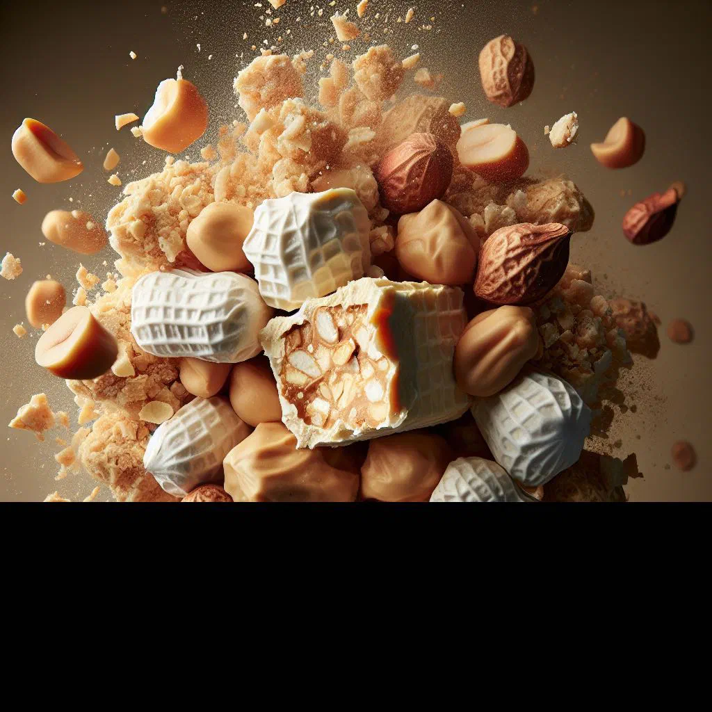 Golden Haitian nougat peanuts set in glossy caramel, broken into pieces