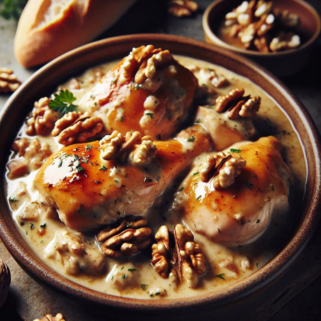 Tender chicken in a creamy roasted walnut sauce, garnished with fresh herbs