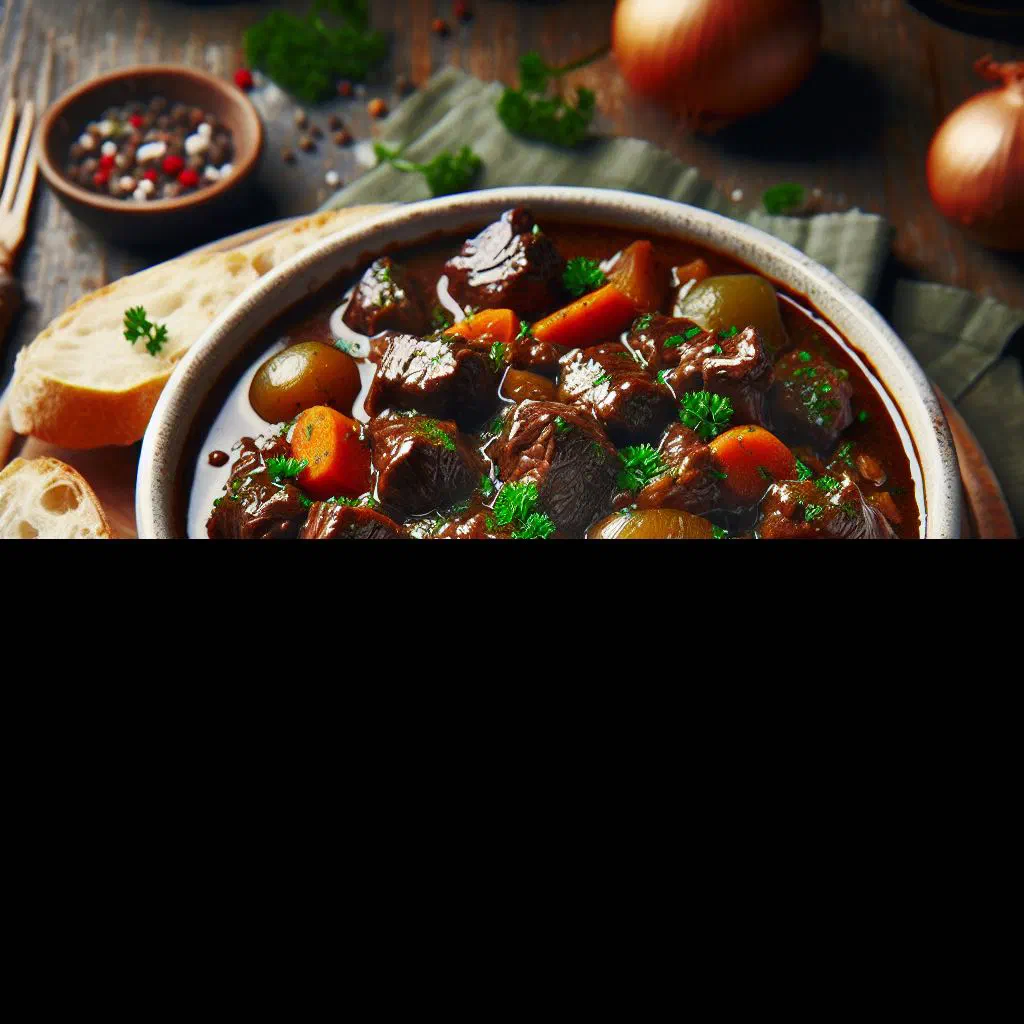 Rich Haitian beef stew with vegetables in a deep bowl, garnished with parsley
