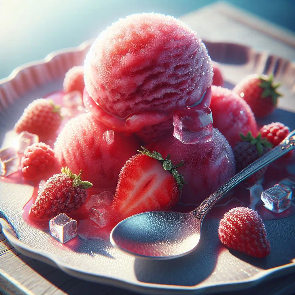 Bright tropical fruit sorbet served in a glass with fresh fruit and mint