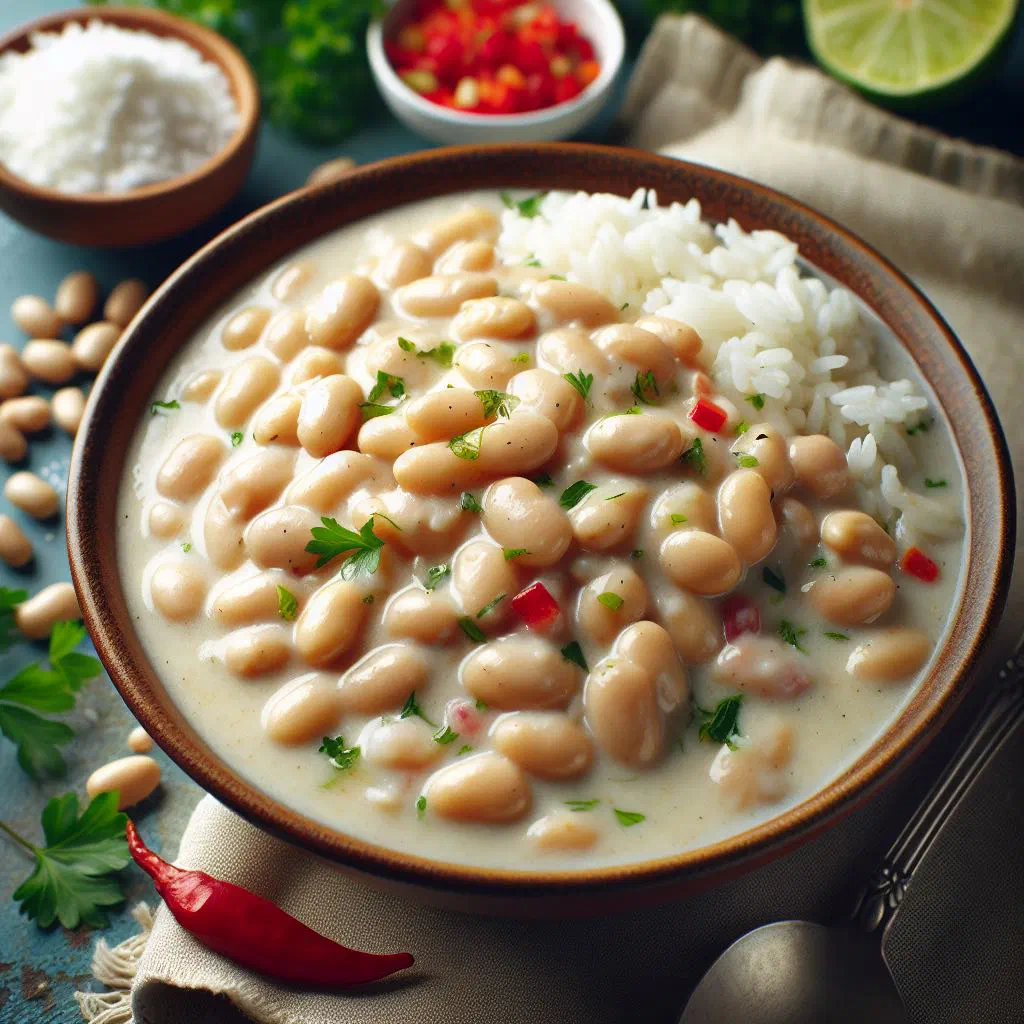 A bowl of creamy Haitian white bean sauce garnished with fresh herbs