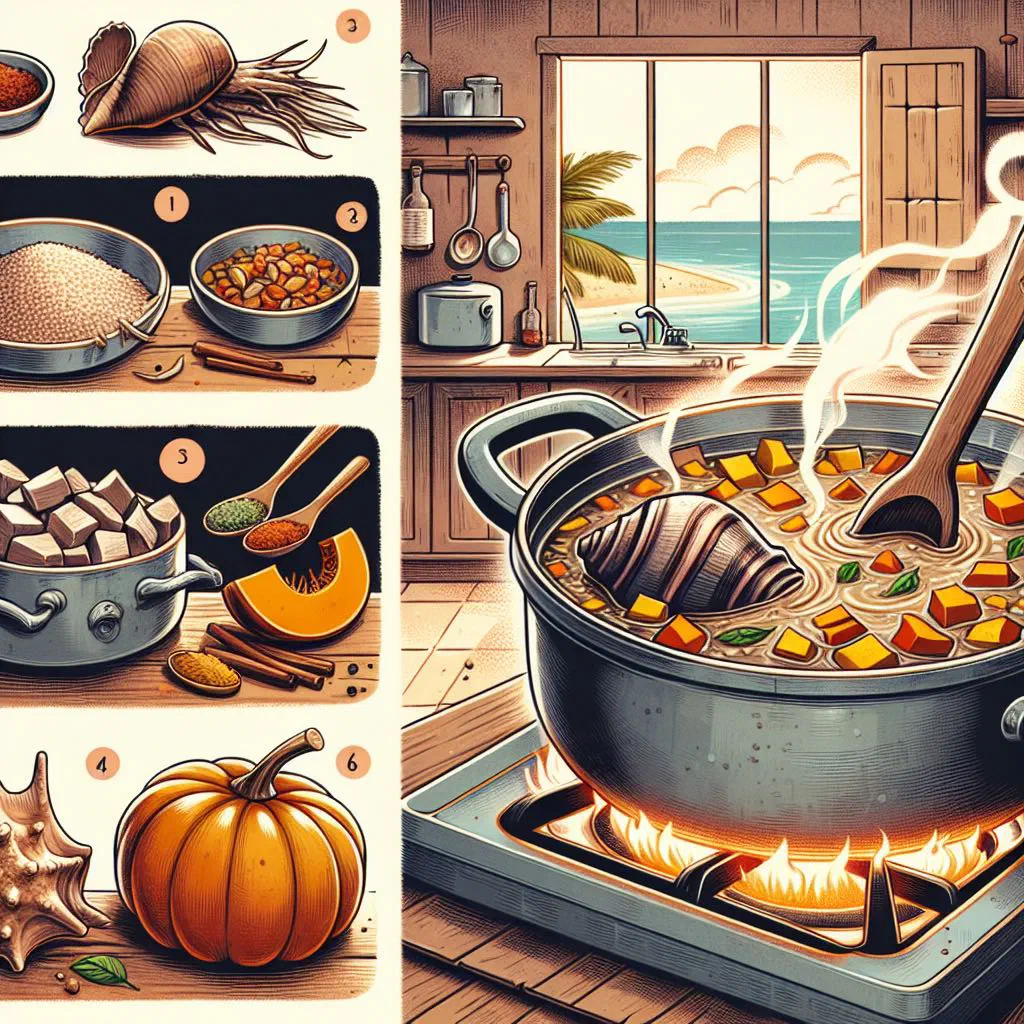Bowl of Haitian pumpkin soup with conch, carrots and fresh herbs