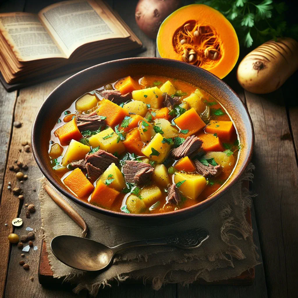 A bowl of golden Haitian Soup Joumou with beef, vegetables and pumpkin