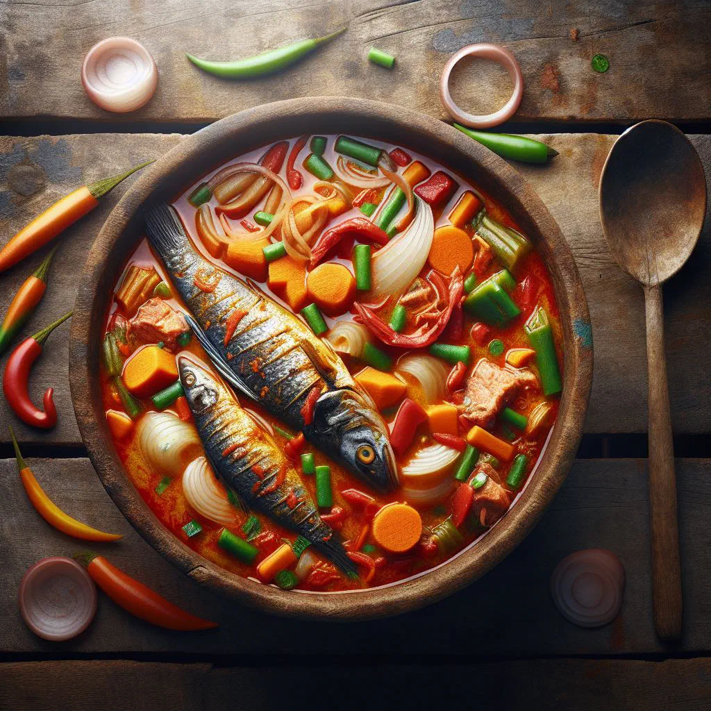 A steaming bowl of Haitian soupe congo with beef, carrots and potatoes