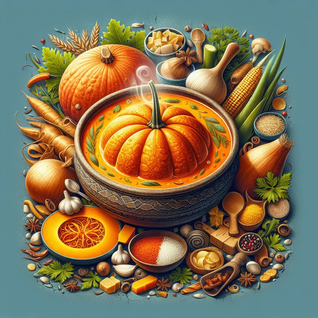 A bowl of creamy Haitian pumpkin soup garnished with fresh herbs