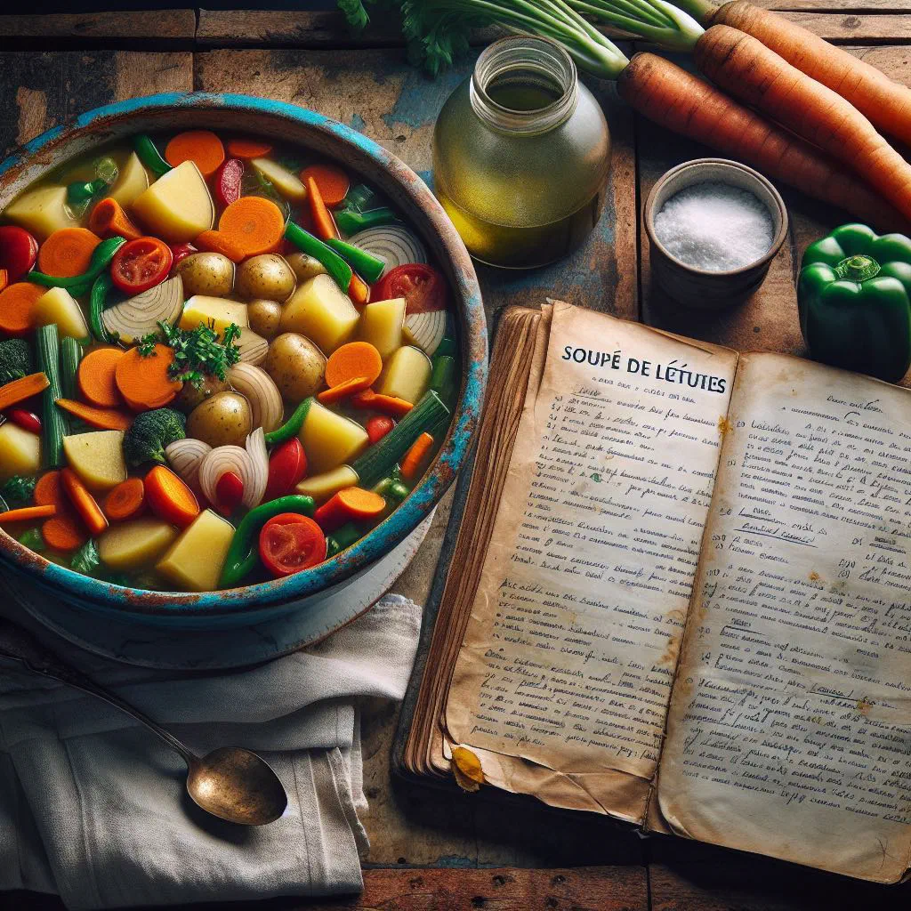 A hearty bowl of Haitian vegetable soup garnished with fresh herbs