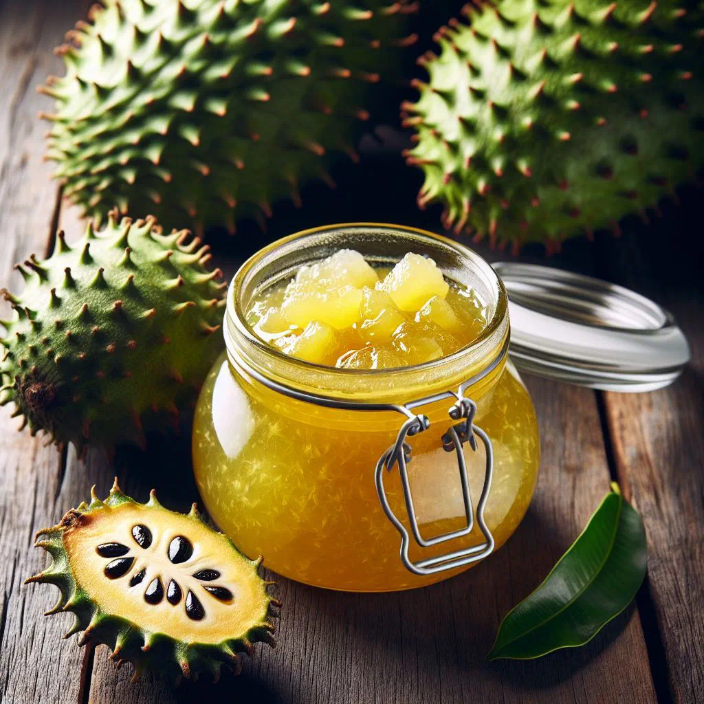 Jar of homemade soursop jam with fresh soursop and pineapple