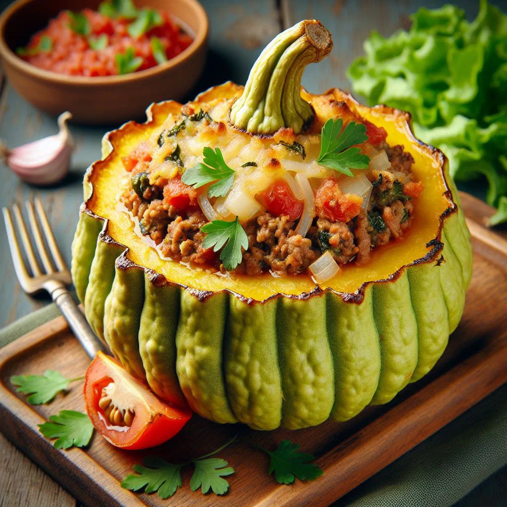 Halved chayotes filled with spiced minced meat, baked until golden