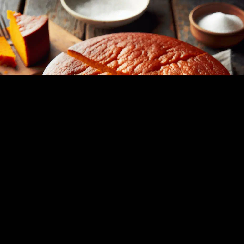 Golden Haitian sweet potato cake dusted with sugar, sliced on a plate