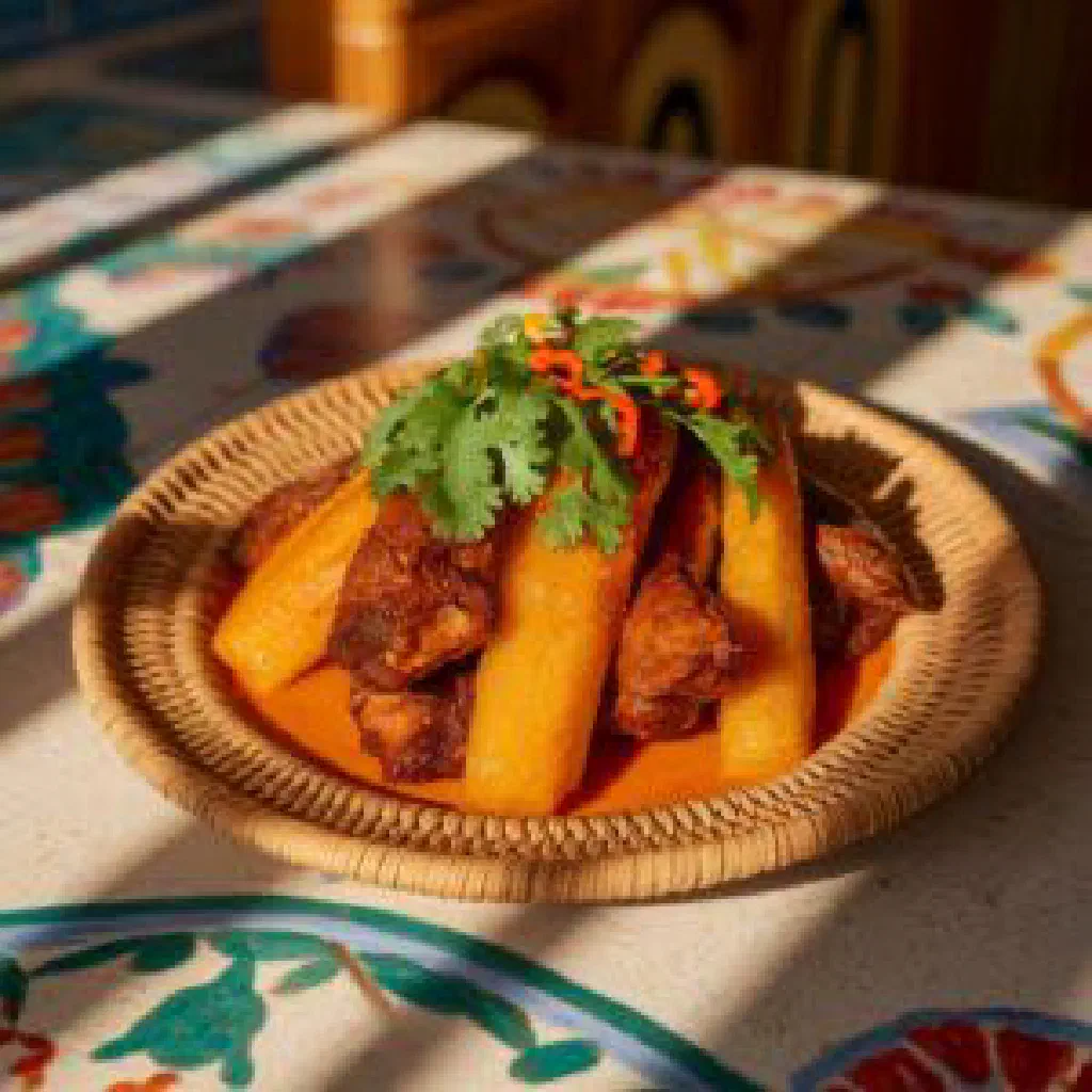 A deep bowl of Haitian tchaka stew with corn, beans and meat, garnished with fresh herbs