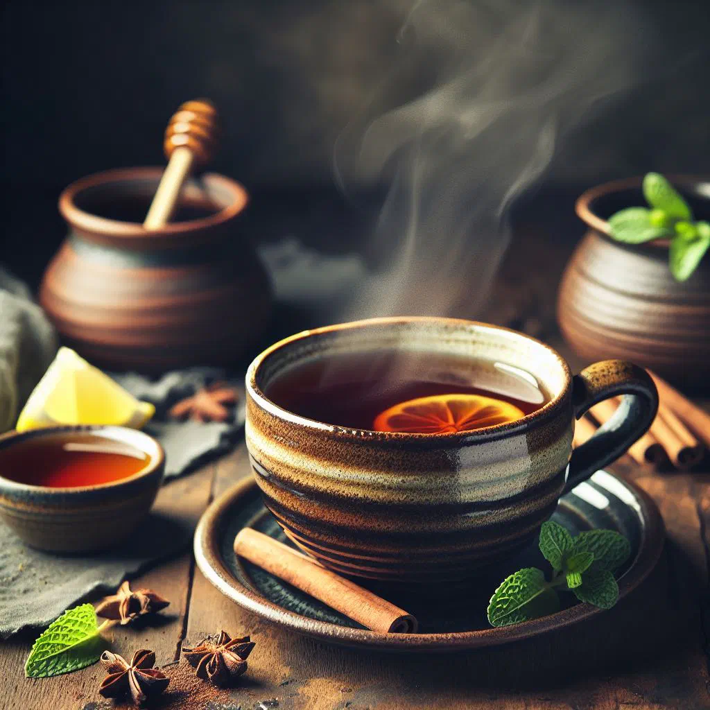 A steaming cup of spiced black tea garnished with a cinnamon stick