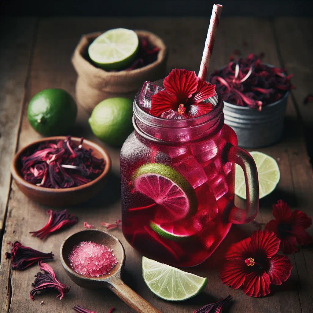 Glass of deep-red agua de jamaica hibiscus drink with ice and mint