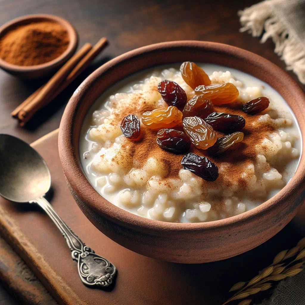 Creamy arroz con leche dusted with cinnamon in a bowl