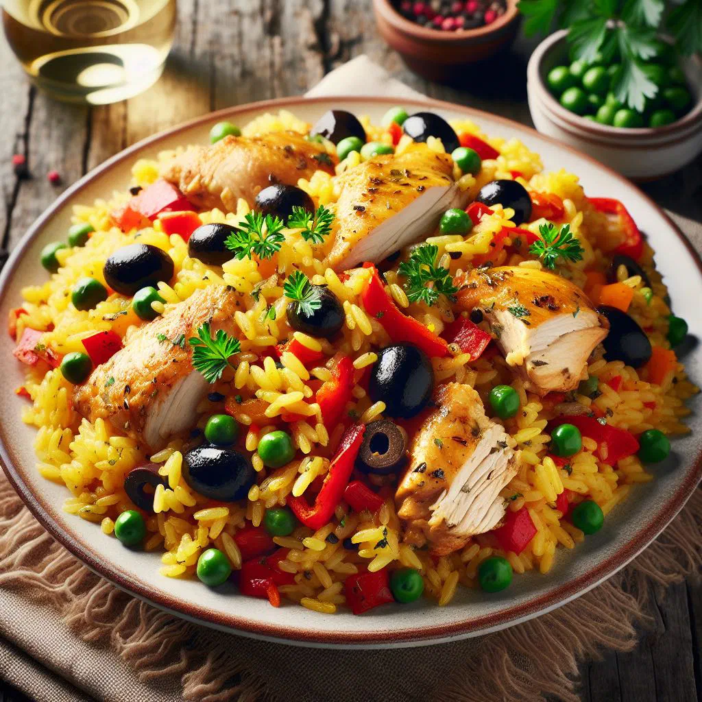 Honduran arroz con pollo with tender chicken, rice and vegetables garnished with coriander