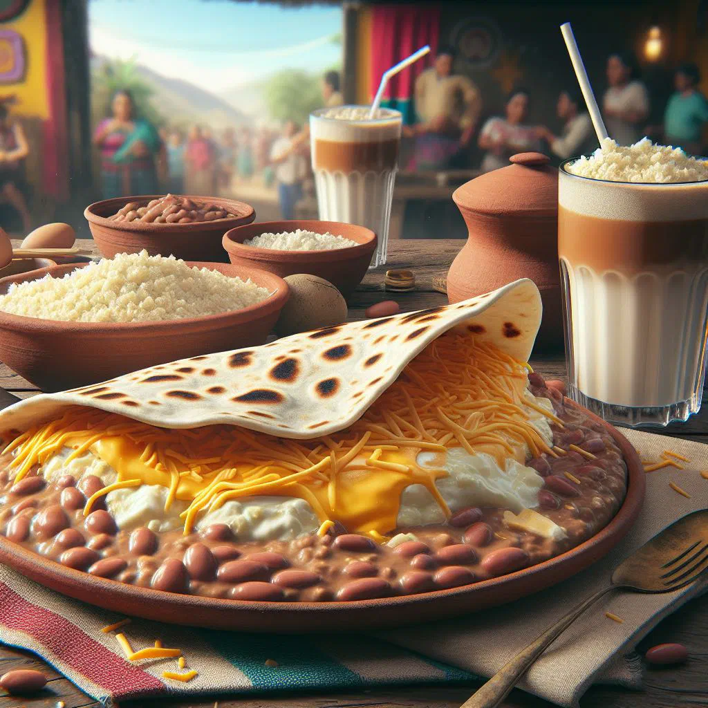 Folded Honduran baleada filled with refried beans, cheese and soured cream