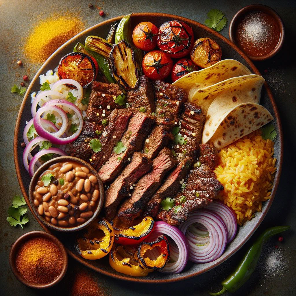Sliced grilled Honduran carne asada with rice, beans and tortillas