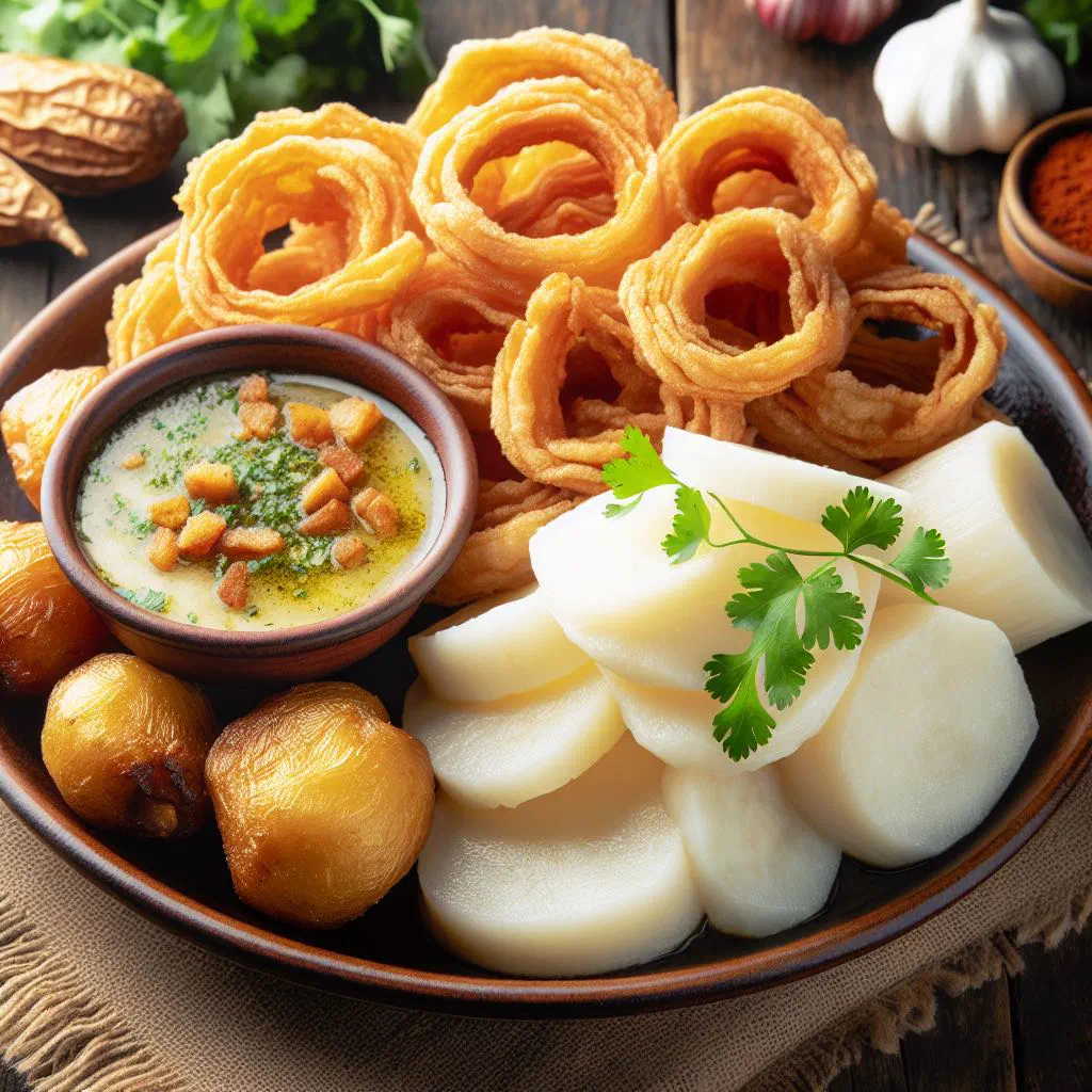 Crispy fried pork with golden yuca and fried plantains on a plate