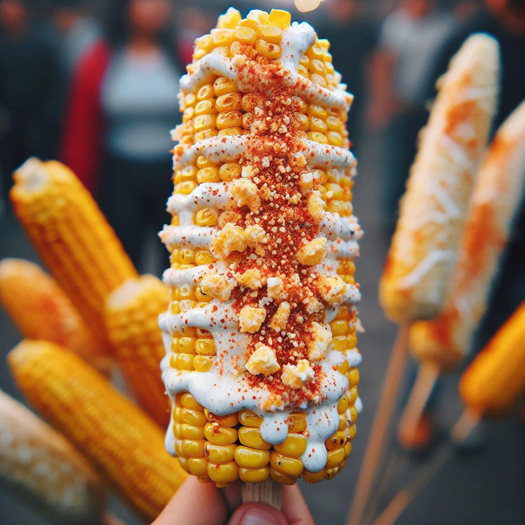 Grilled corn on the cob coated with mayonnaise, crumbled cheese and chilli