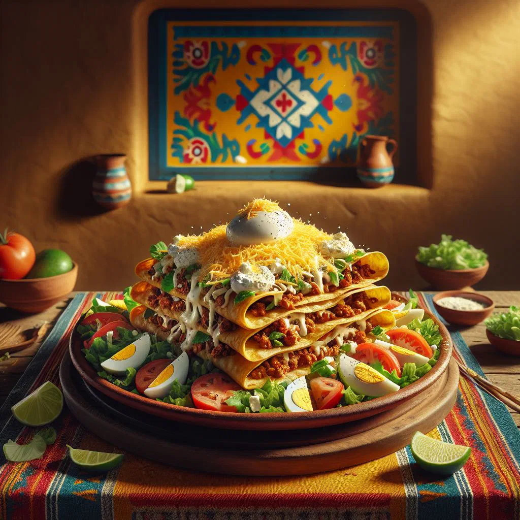 Crispy corn tortillas topped with seasoned beef, cheese and tomato sauce