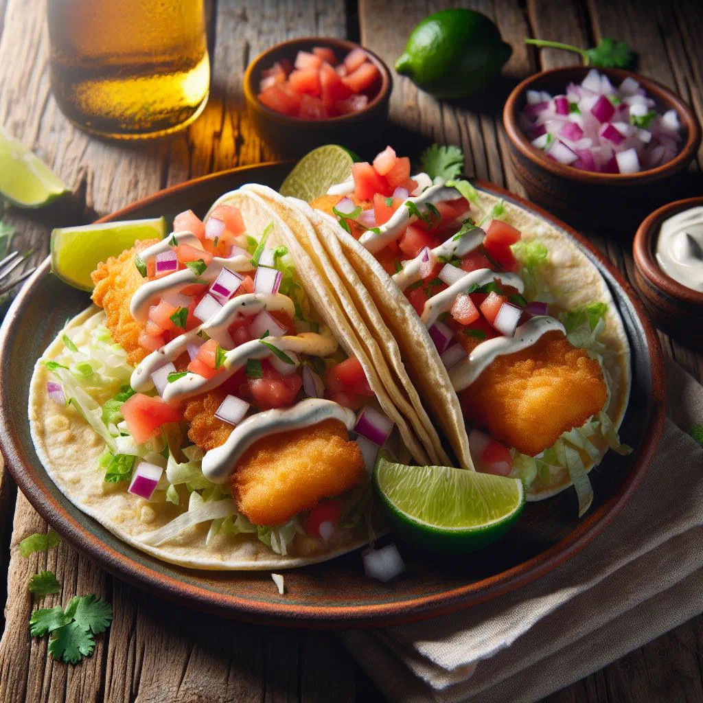 Honduran fish tacos topped with cabbage, tomato and fresh coriander