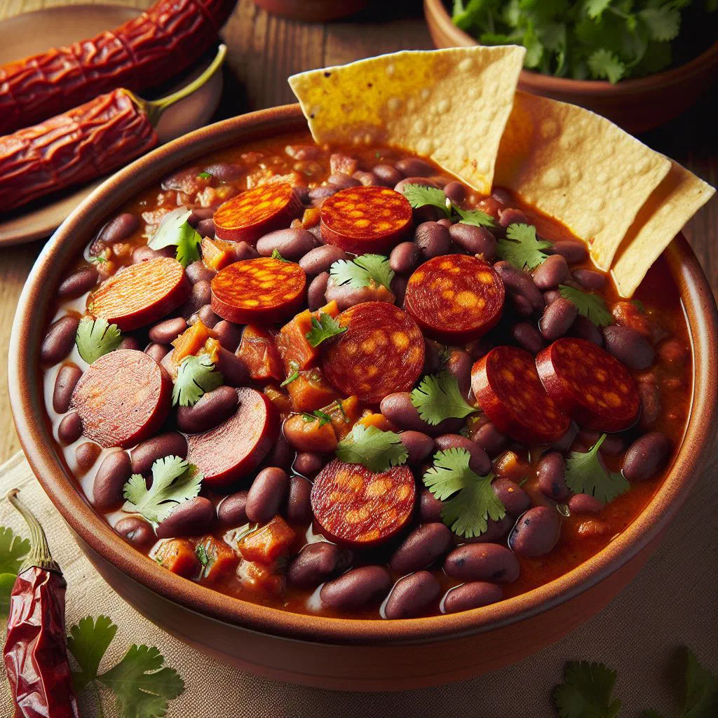 Frijoles con chorizo topped with fresh coriander in a rustic bowl