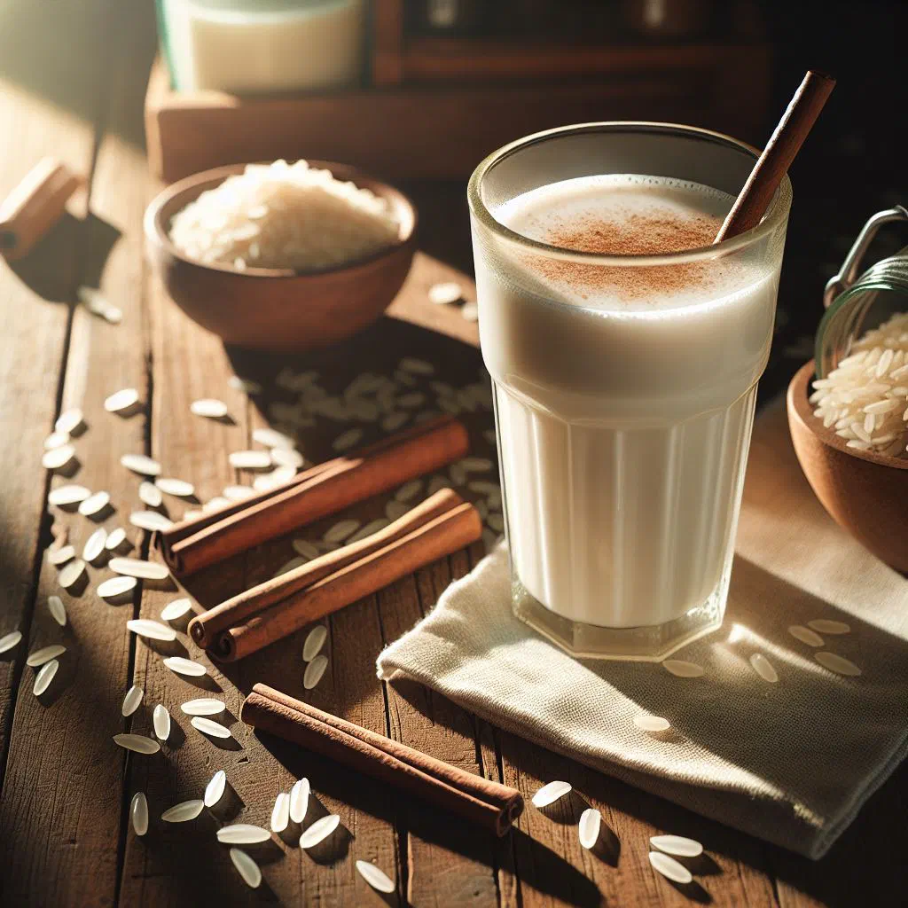 A tall glass of creamy horchata de arroz garnished with a cinnamon stick