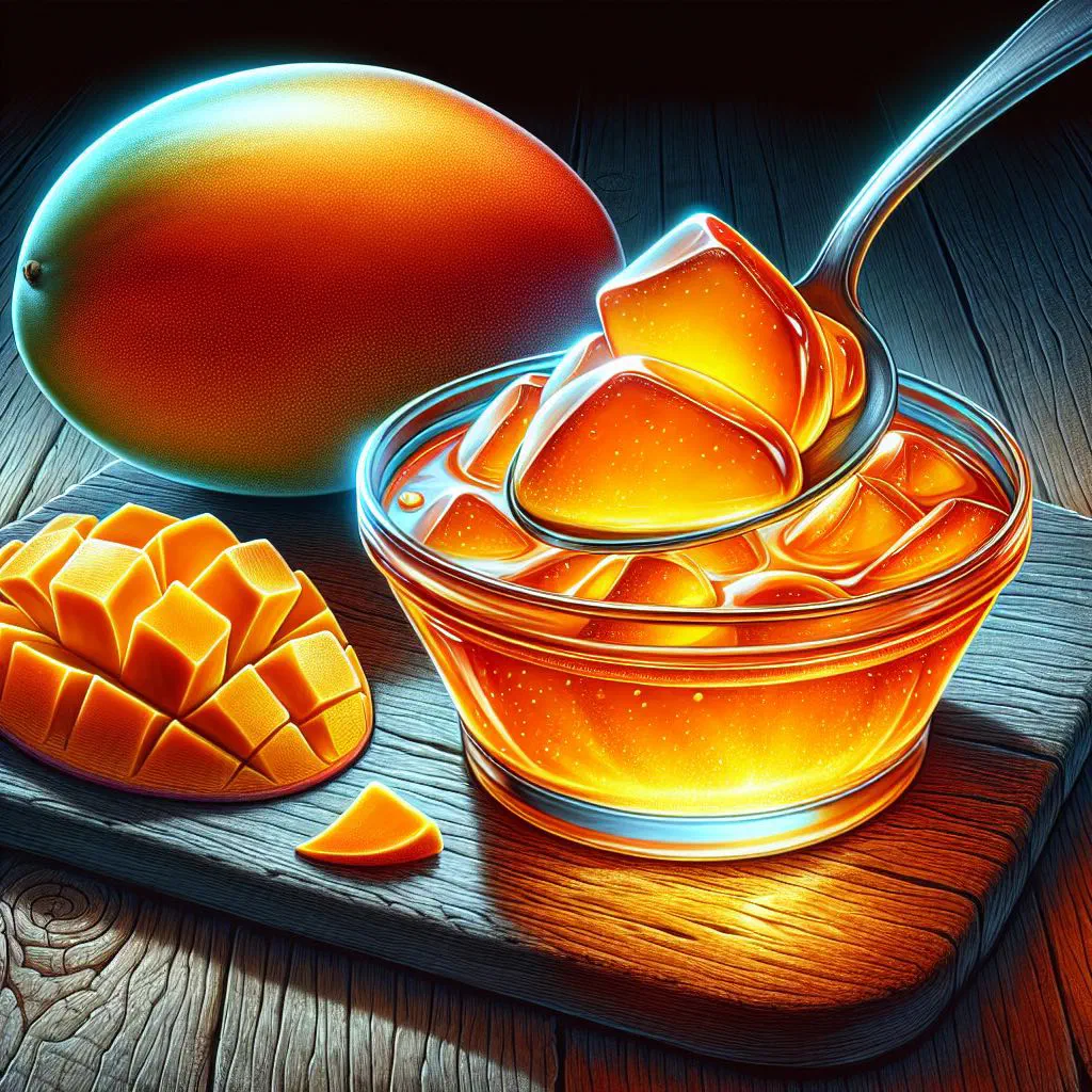 Jar of glossy Honduran mango jam with fresh mango slices