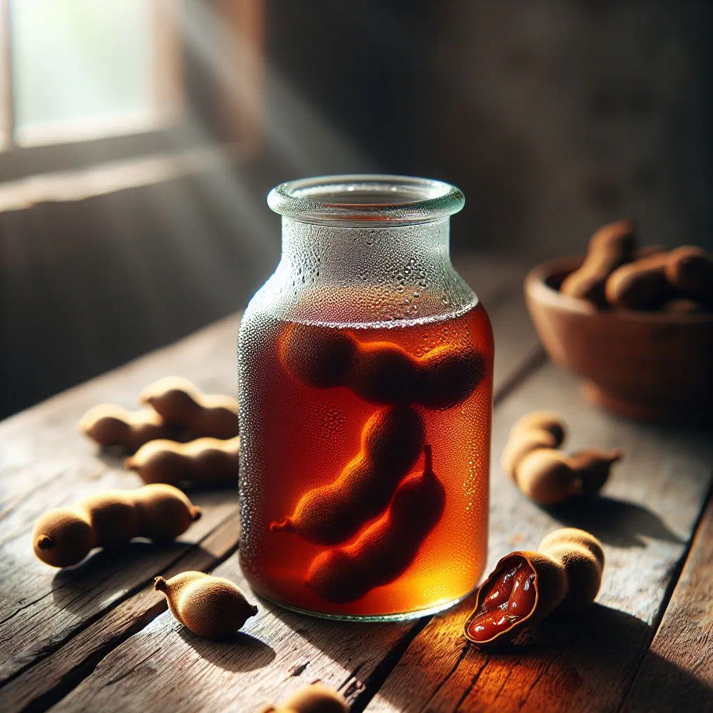 A tall glass of amber tamarind juice garnished with mint and lime