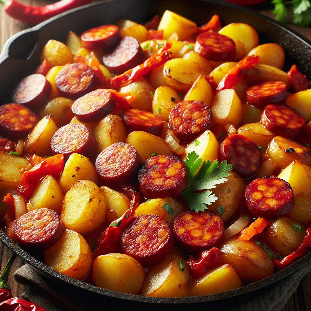 Papas con chorizo with sliced sausage, diced potatoes and fresh parsley