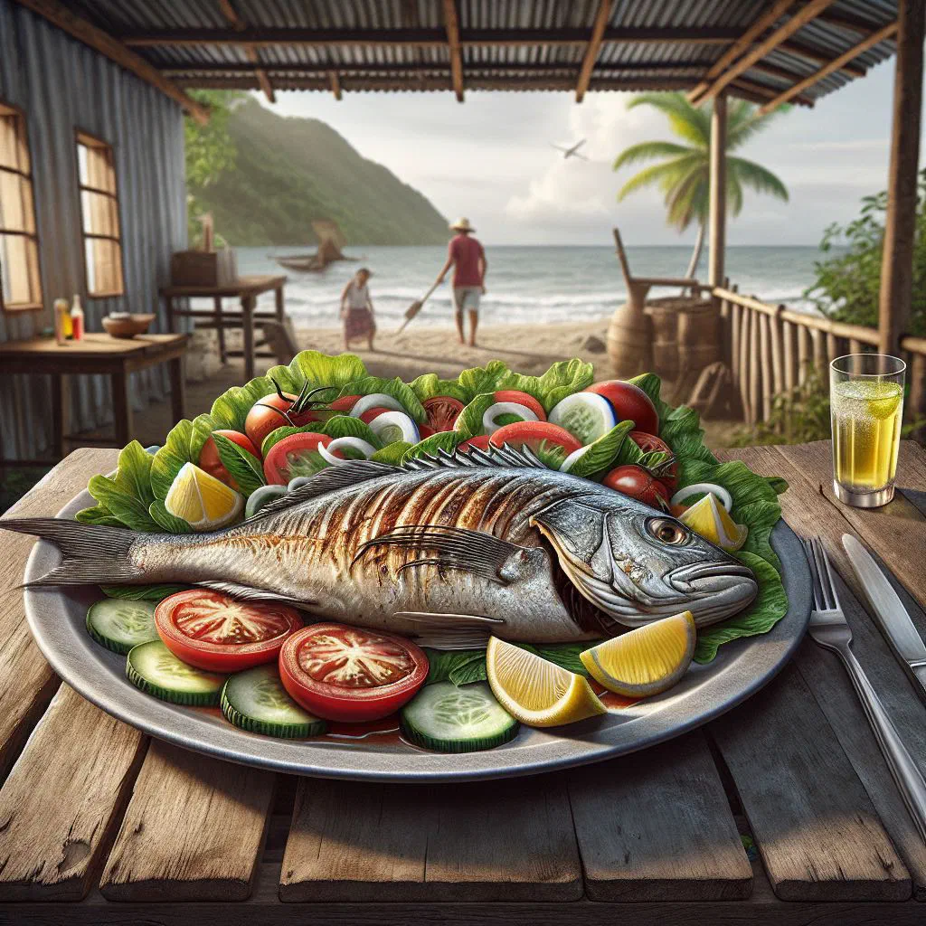 Grilled fish fillet with lemon and colourful vegetables on a plate