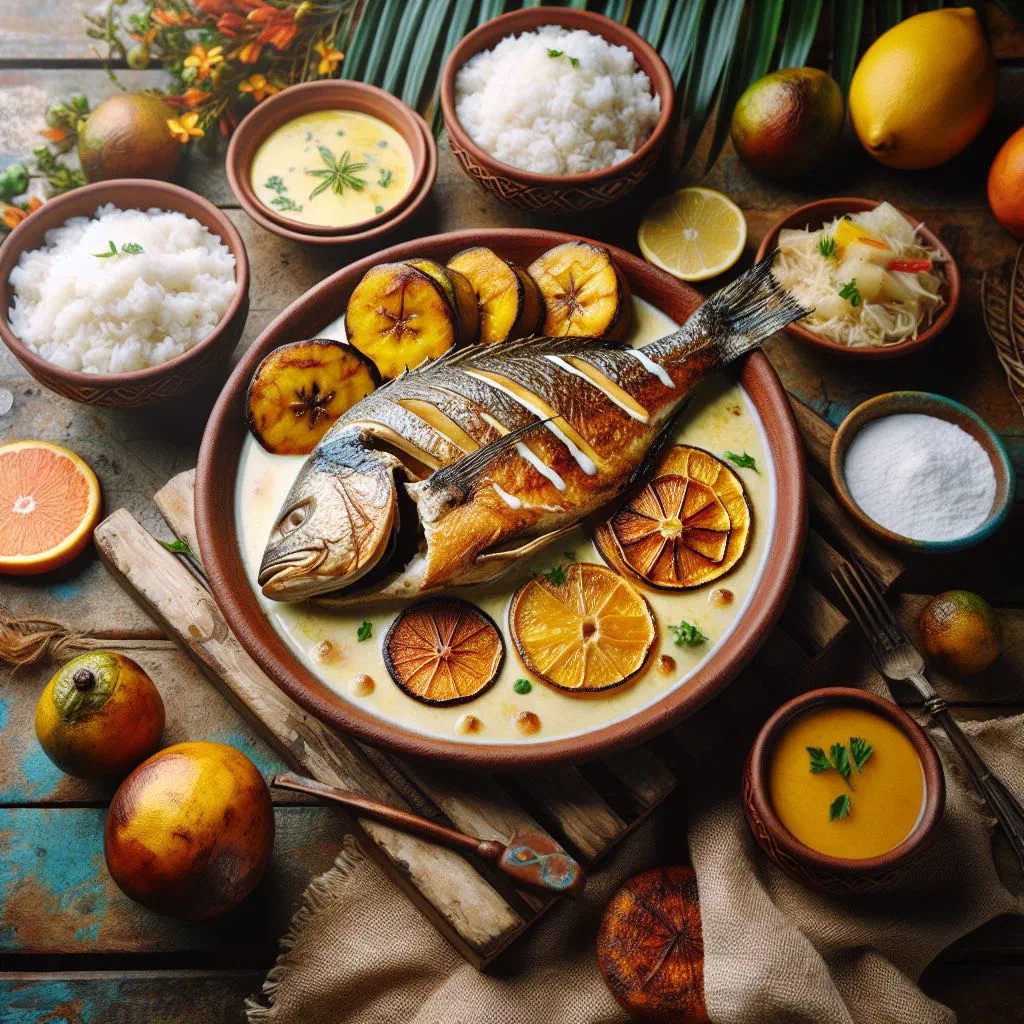 Fish fillets in creamy coconut sauce with rice and fried plantains