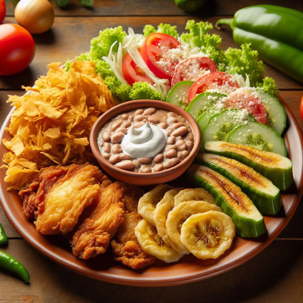 Seasoned chicken served with crispy fried plantain slices, rice and fresh salad