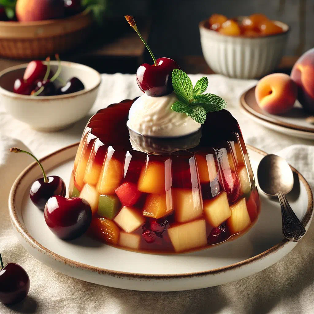 Baked Honduran fruit pudding topped with cream and fresh fruit